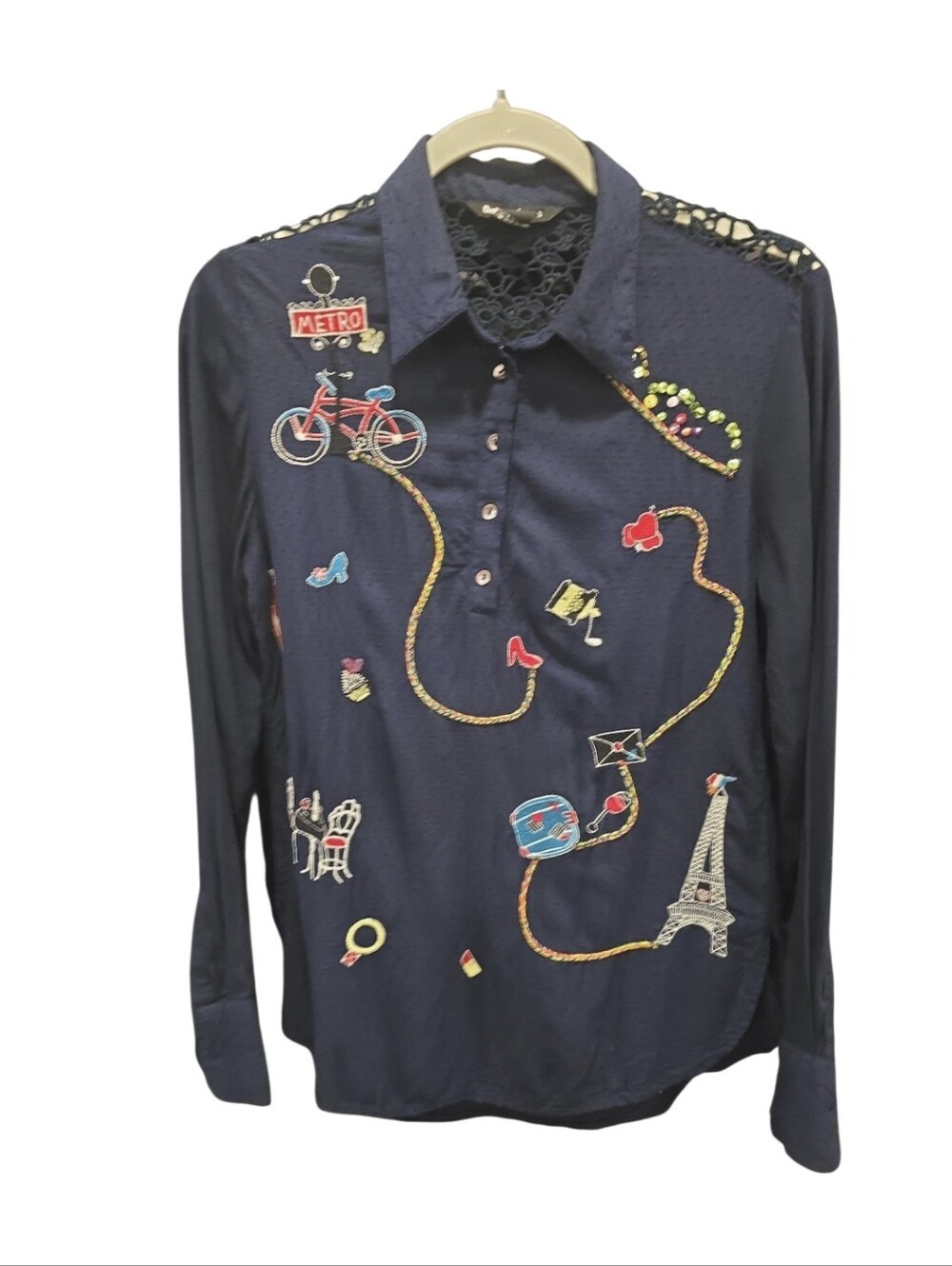 Desigual Paris Embroidered Blouse Women's Large Navy Blue Lace Art-To-Wear Boho